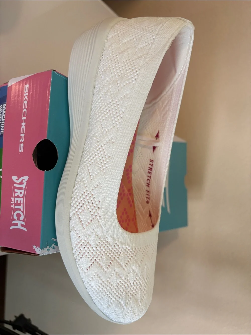 Skechers White Knit Slip-On Stretch Fit Ballet Flat
